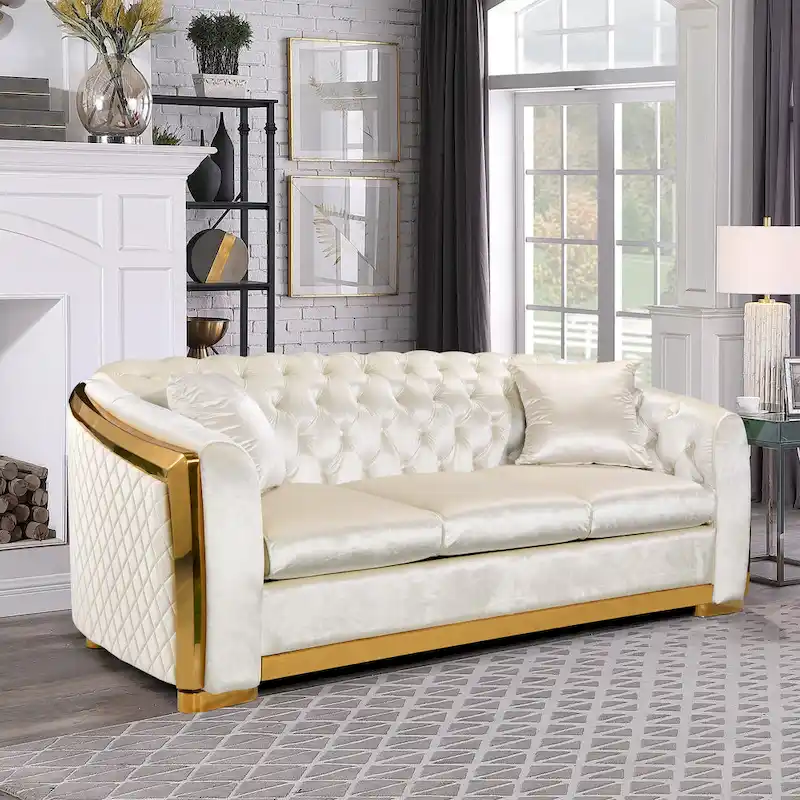 84 Luxury Chesterfield Velvet Sofa with Gold Trim