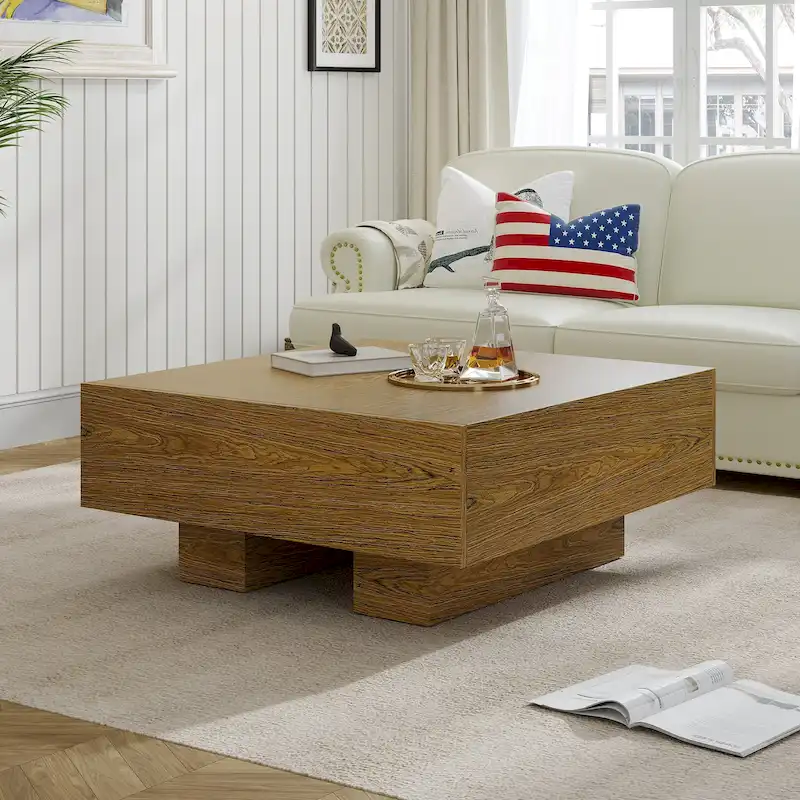 35.43 Square Wood Coffee Table with 2 Drawers, Brown Wood Texture - 35.43