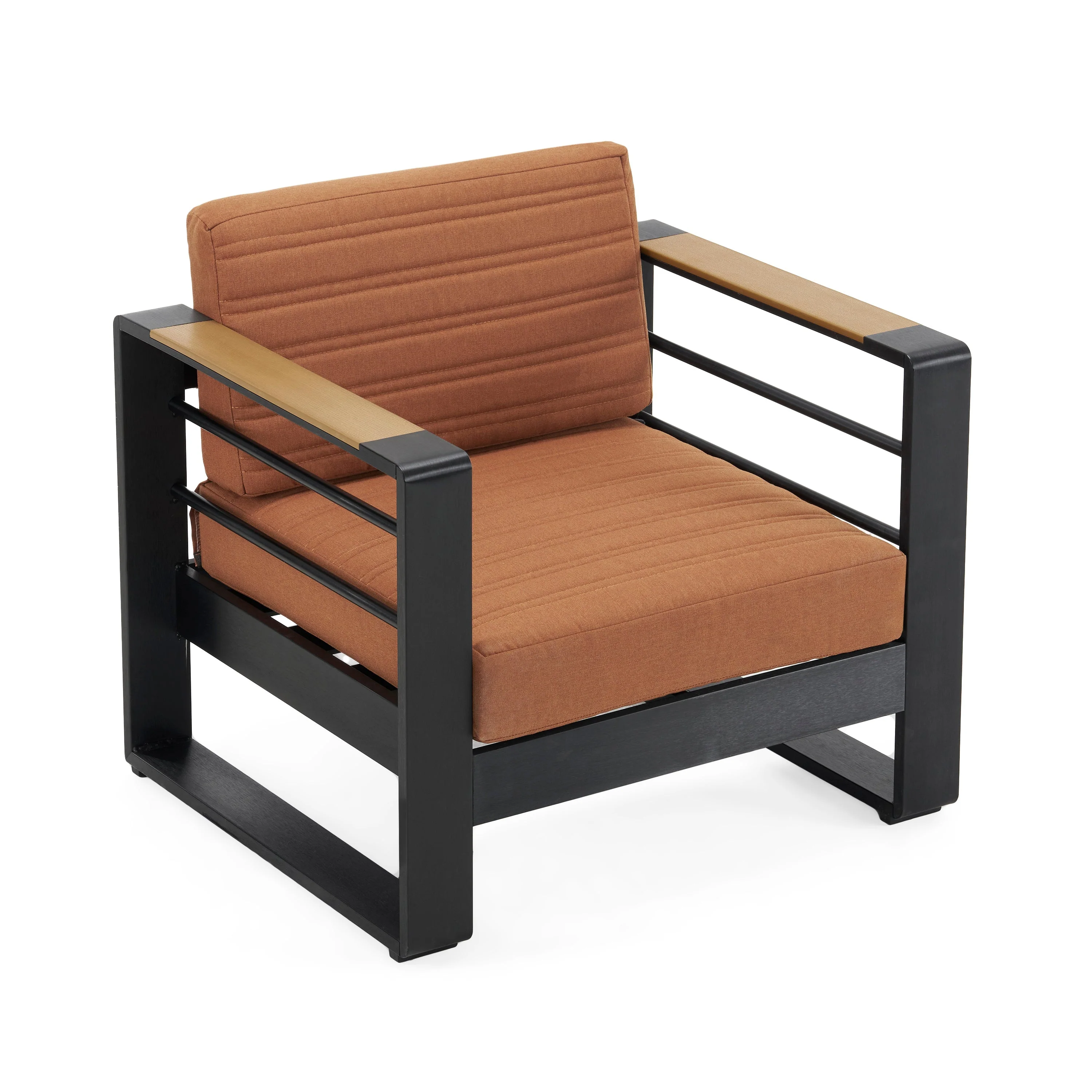 Modern Aluminum Club Chair with Faux Wood Accents & Water-Resistant Cushions