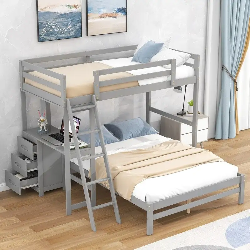 Twin over Full Bunk Bed with Built-in Desk,3 Drawers