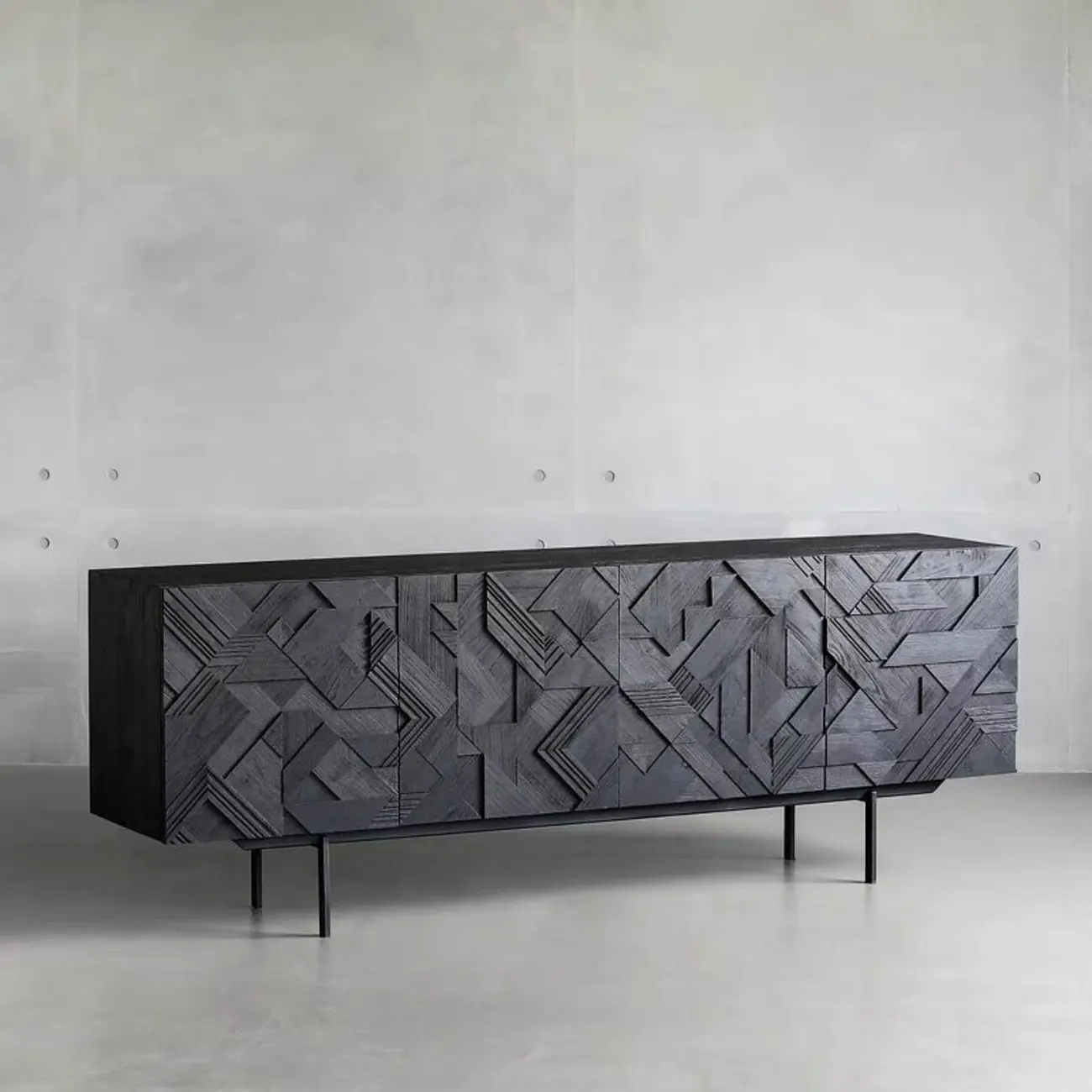 Modern Black Geometric Wooden Buffet Table with Cabinets