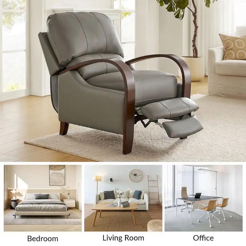 Alex Mid-century Modern Cigar Genuine Leather Manual Recliner with Wooden Curved Arms, Set of 2