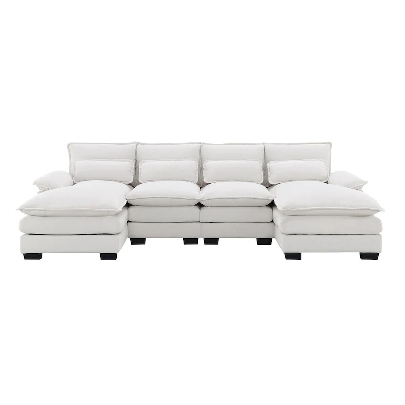 6-seat Upholstered Modern U-shaped Sectional Sofa with Waist Pillows,Sleeper Sofa Couch with Chaise Lounge,White