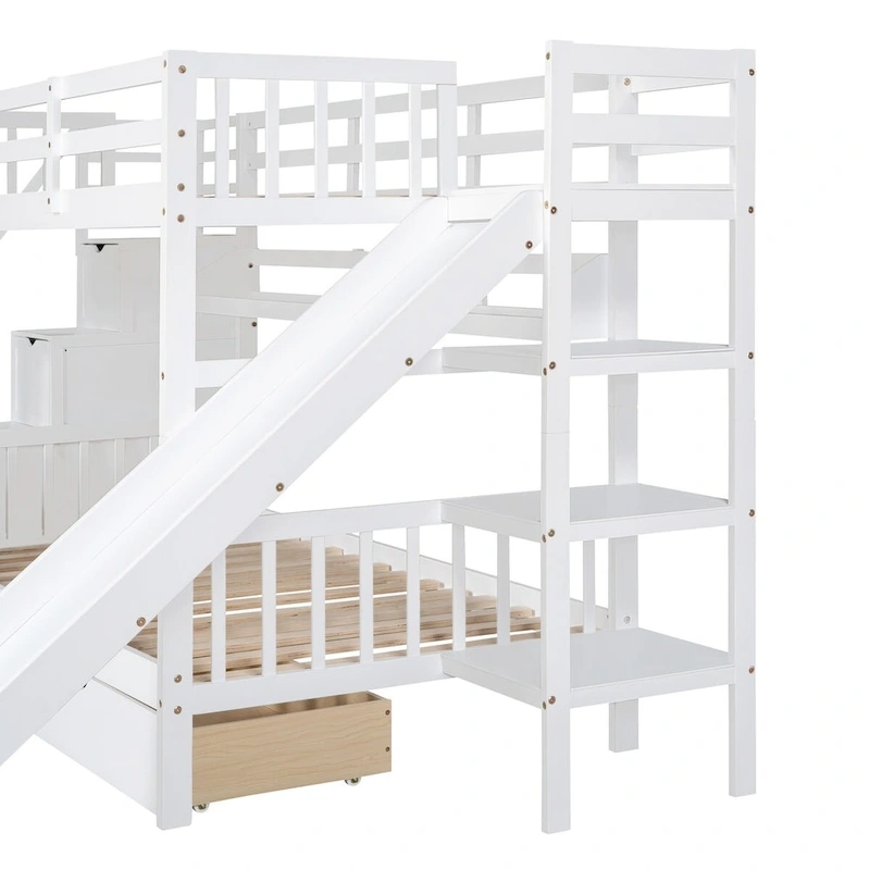 Twin-Over-Twin Castle Style Bunk Bed with Drawers,Shelves,Slide