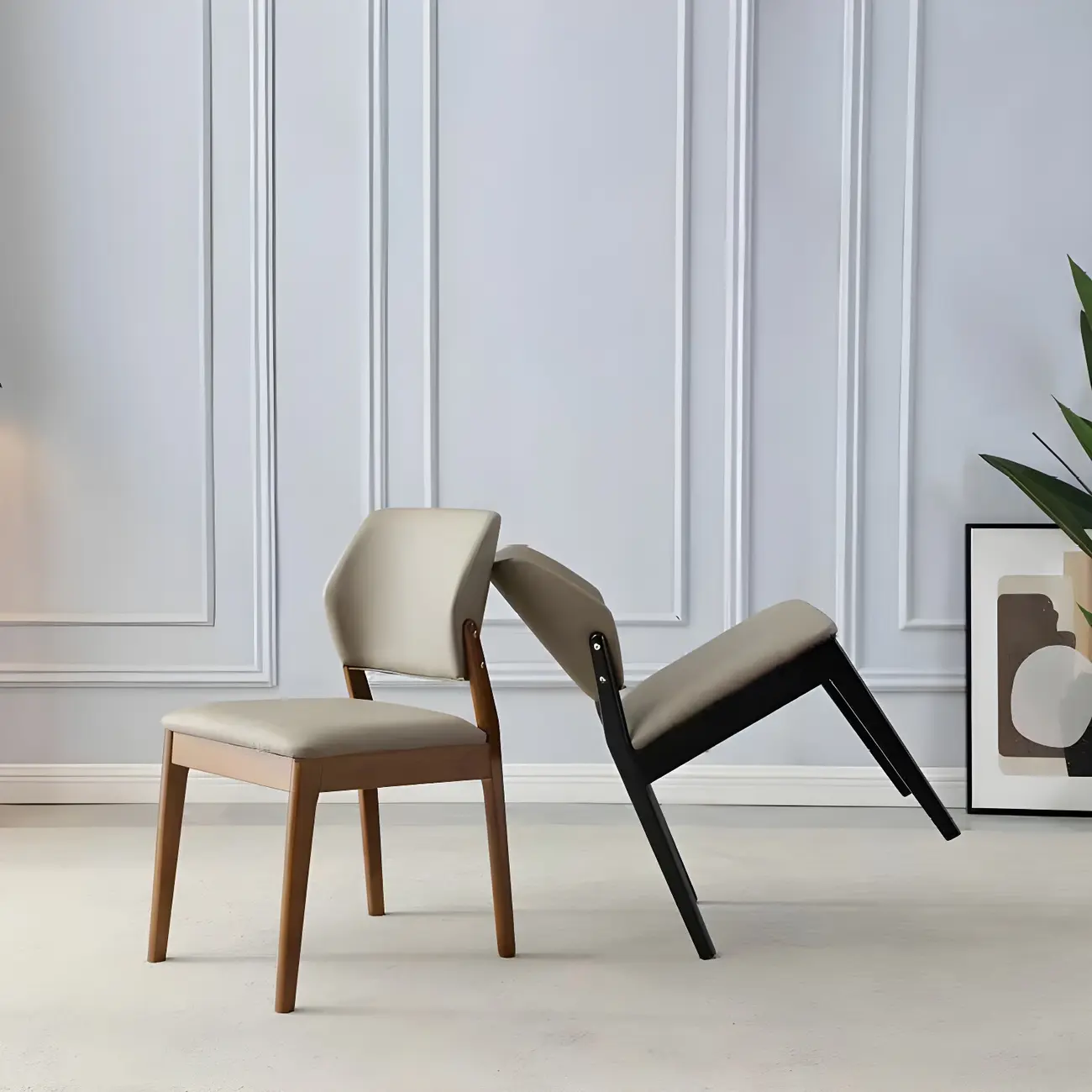 Modern Wood Faux Leather Beige Low Back Dining Chair