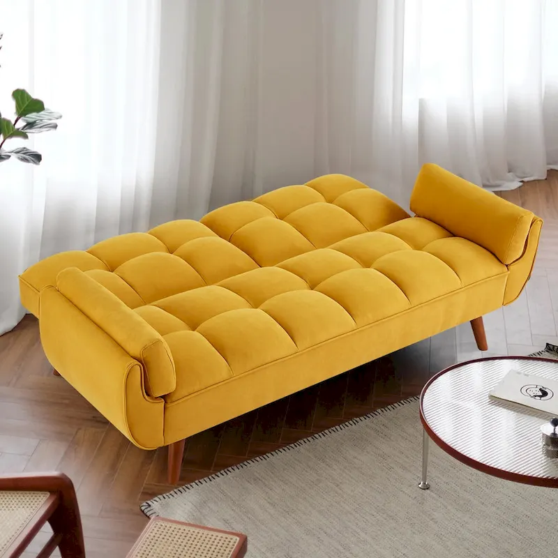 Convertible Futon Sofa Bed, Tufted Linen, Wood Legs, 3-Position Backrest, 500 lbs, Seats 2, Beige/Grey/Green/Yellow