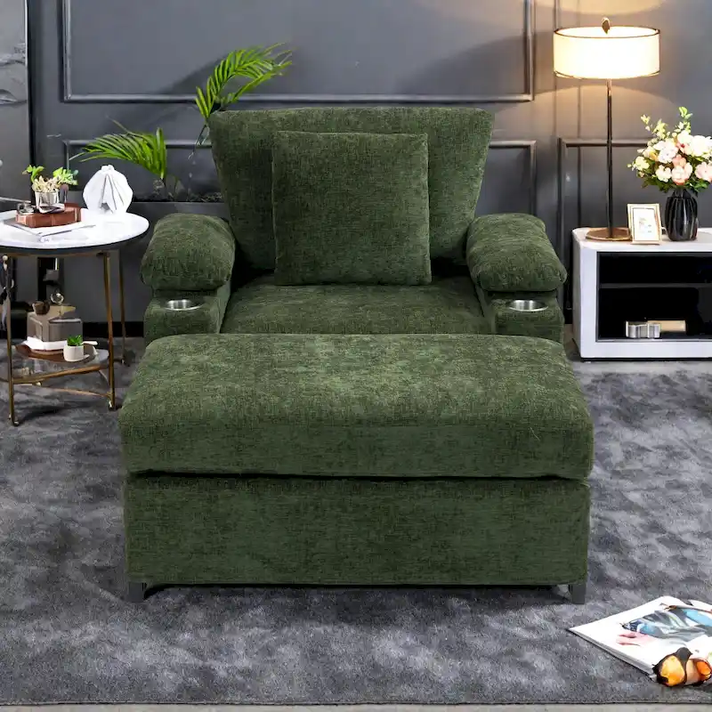 Chenille Oversized Accent Chair with Ottoman, USB Charging Ports and Convertible Sofa Bed Design