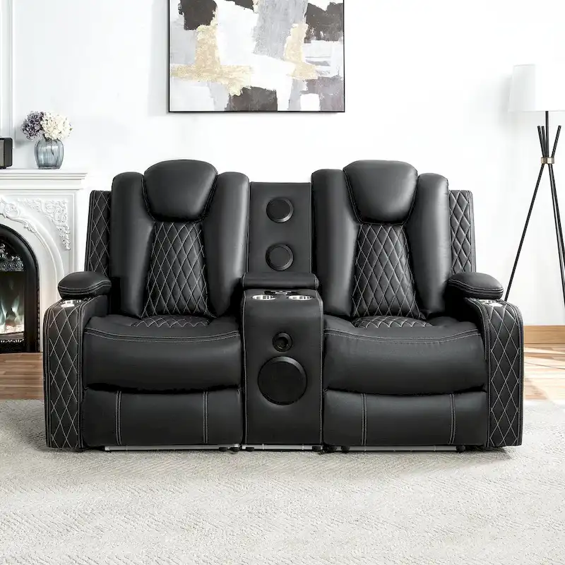 Premium Air Leather Home Theater Loveseat with LED Lights, Recliner with Built-in Speakers & Wireless Charging