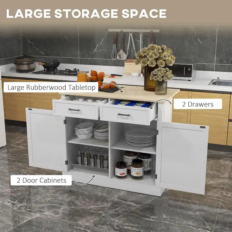 HOMCOM Rolling Kitchen Island with Drop Leaf Wood Breakfast Bar, Farmhouse Kitchen Cart with 2 Drawers, White