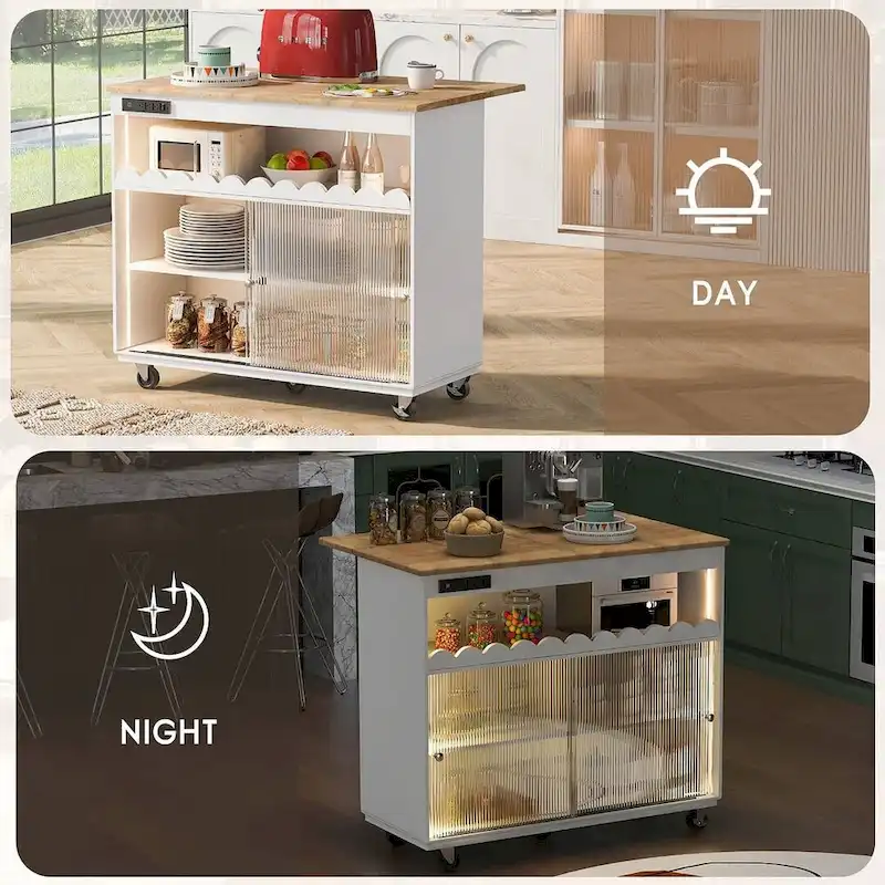 Multi-Functional Kitchen Island Cart with Drop Leaf, LED Light, and Power Outlets