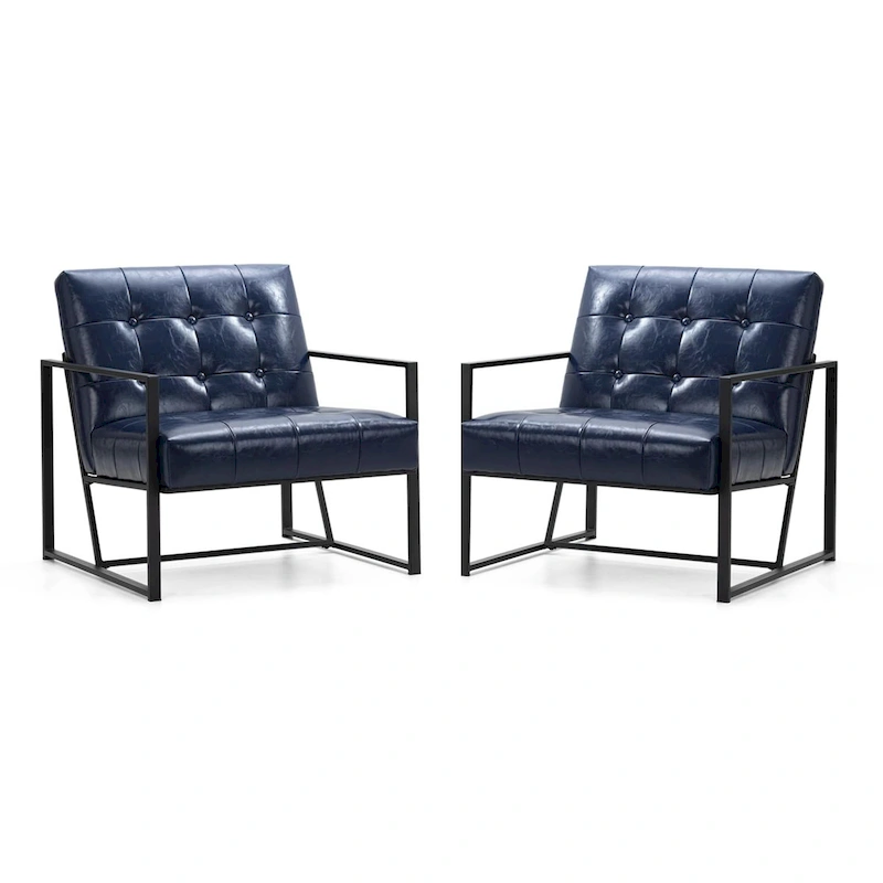 Glitzhome Set of 2 29.25W Mid-Century PU Leather Tufted Accent Chairs