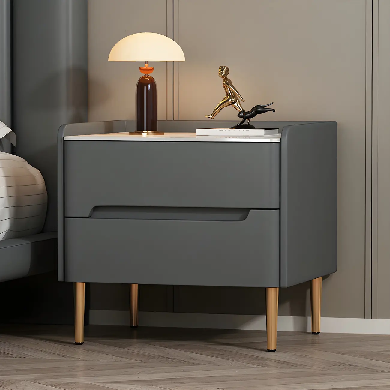 Elegant Green Wood Stone Top Gold Legs 2-Drawer Nightstand