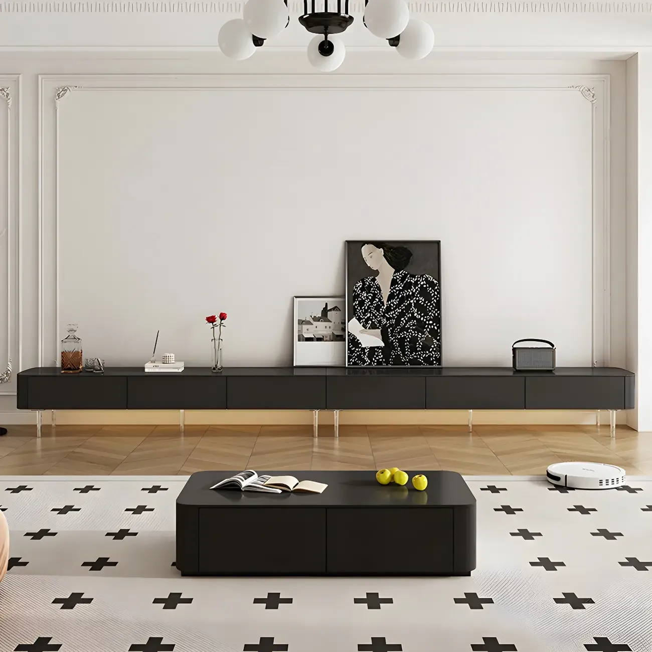 87 Modern Black Wooden Long TV Stand with Drawers