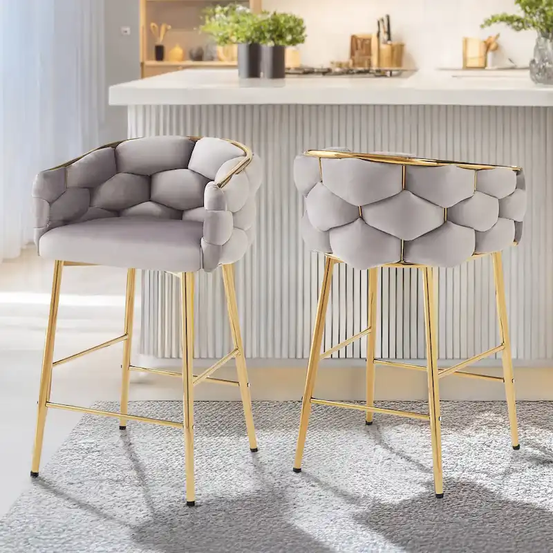 Set of 2 Bar Stools with Velvet Padded Seat and Metal Legs