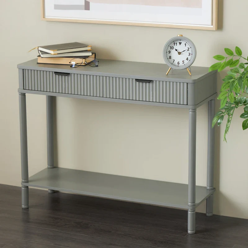 Wood 2 Drawer Console Table with Black Handle and Ribbed Front - Gray
