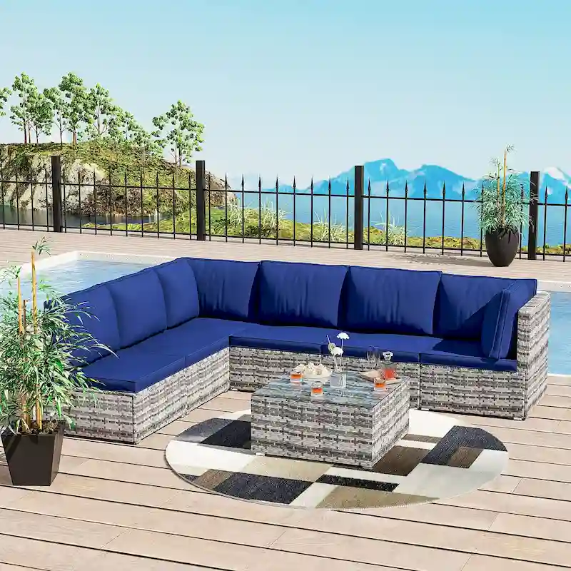 Outdoor Wicker 7-Piece Conversation Sofa Set with Cushions