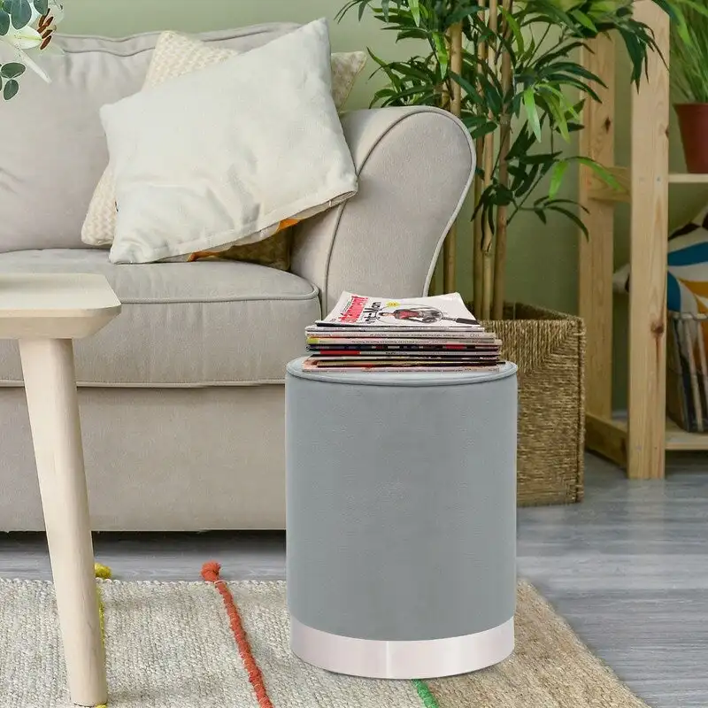 Adeco Vanity Upholstered Round Velvet Ottoman Footstool Silver Trim