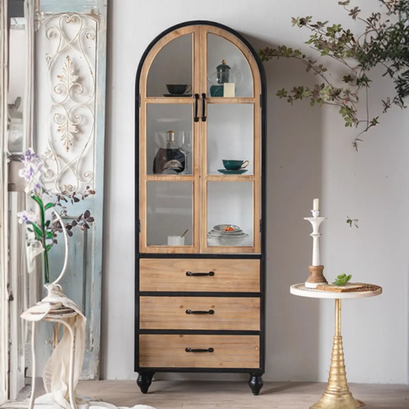 Rustic Wooden Freestanding Cabinet for Living Room Decor with Arch Shape