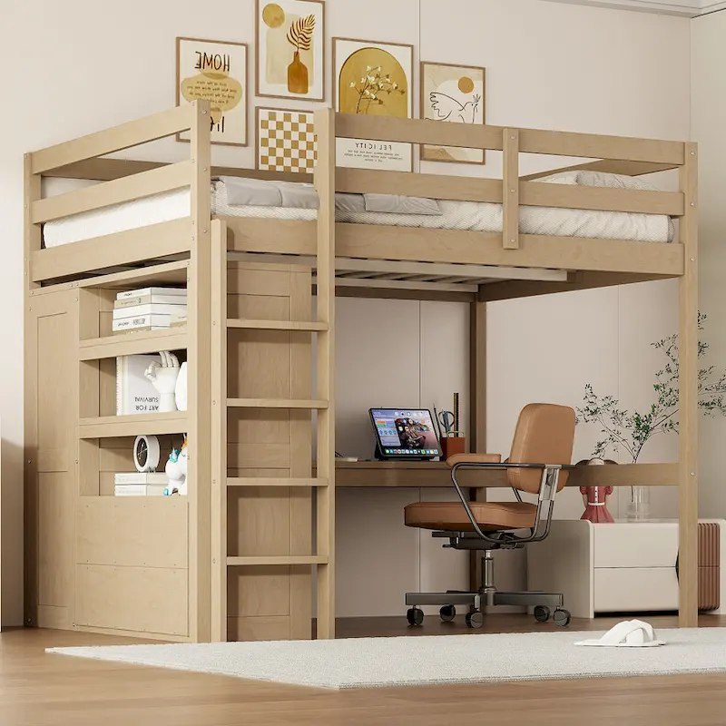 Full Size Wood Loft Bed with Built-in Wardrobe, Desk, Storage Shelves and Drawers, White