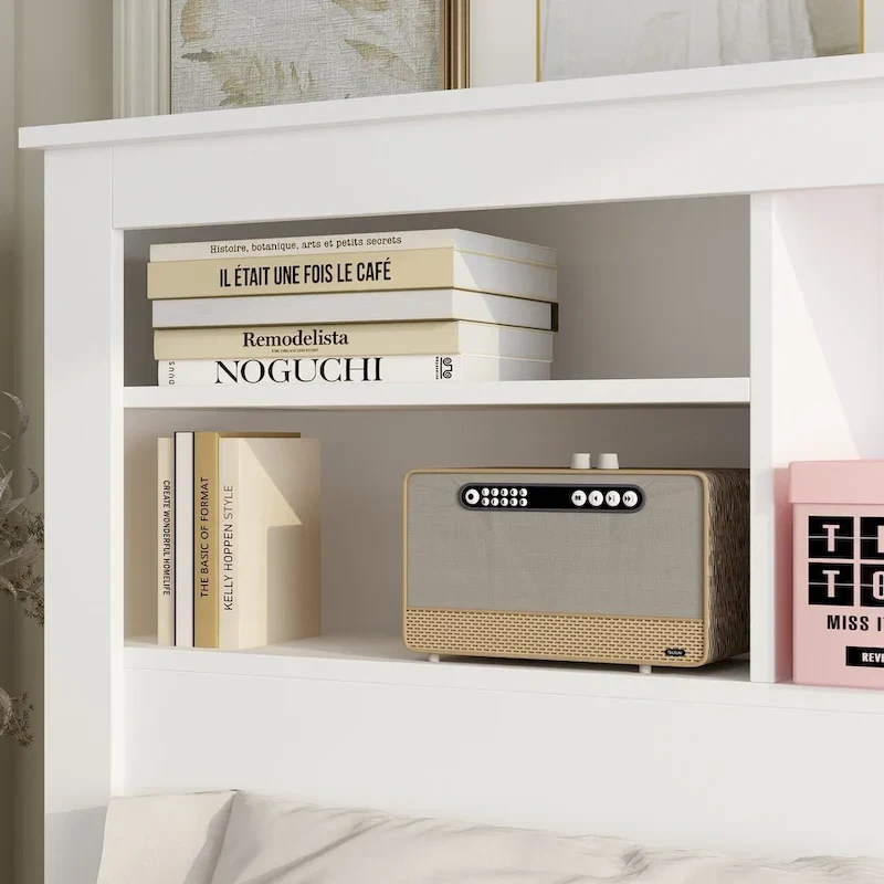 White Bookcase Headboard with RGB LED Lights and Adjustable Shelves – Queen, Single Bed