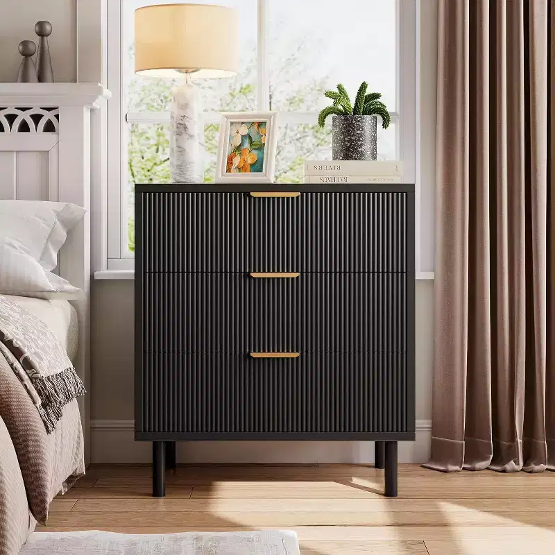 Black 3-Drawer Dresser, Wavy Fluted Panel, Modern Style