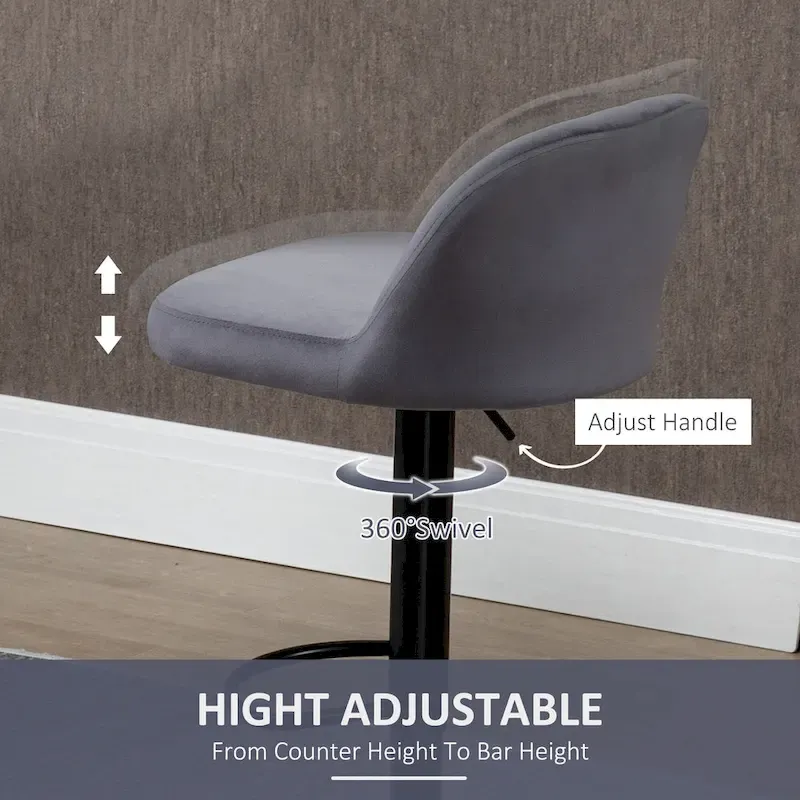HOMCOM Adjustable Bar Stools Set of 2, Velvet Counter Height Barstool, Upholstered Kitchen Stool with Swivel Seat, Steel Frame