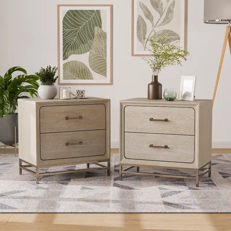 Furniture of America Drayden Transitional Oak Solid Wood 2-Drawer Nightstand, Set of 2
