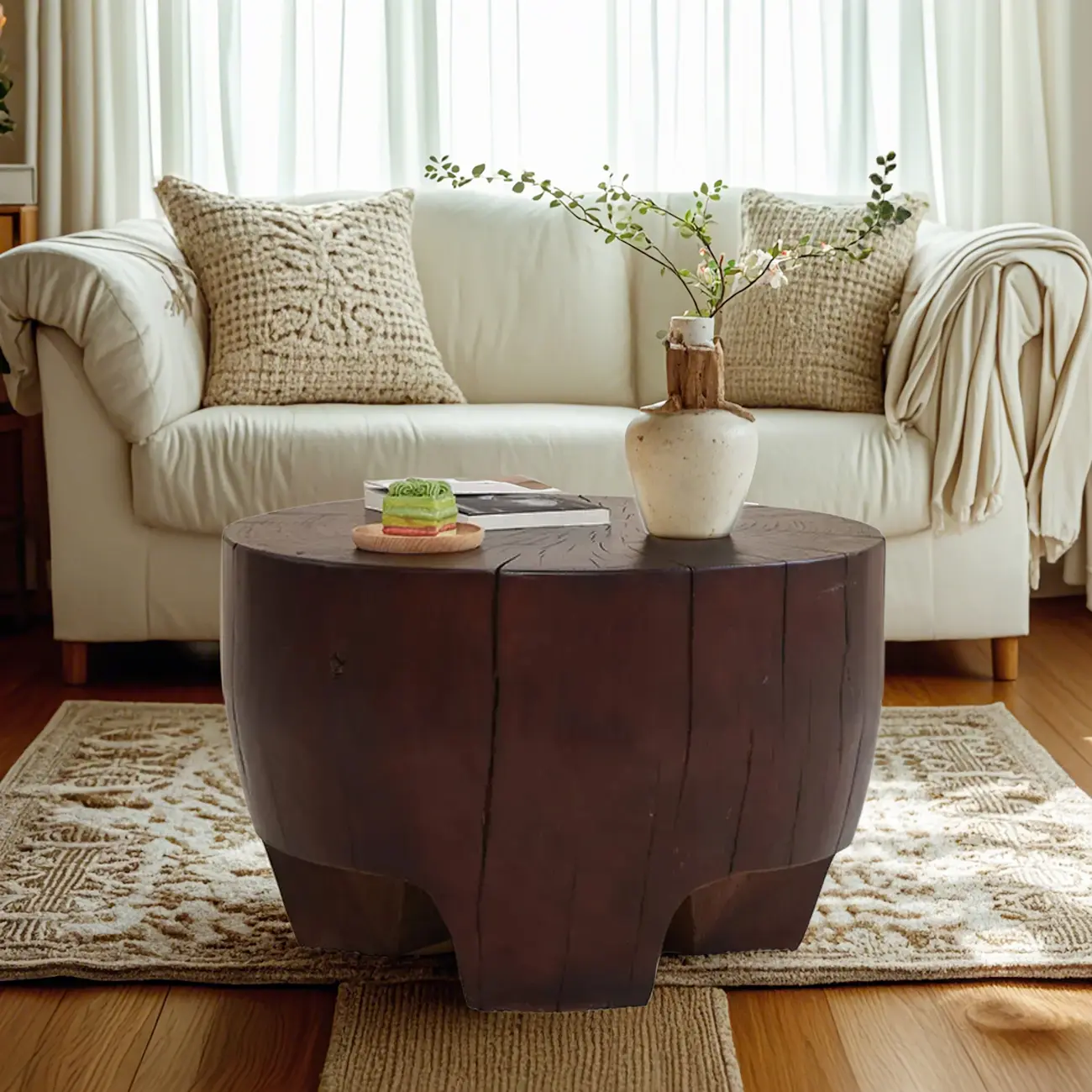 Rustic Solid Wooden Round Coffee Table with Natural Finish