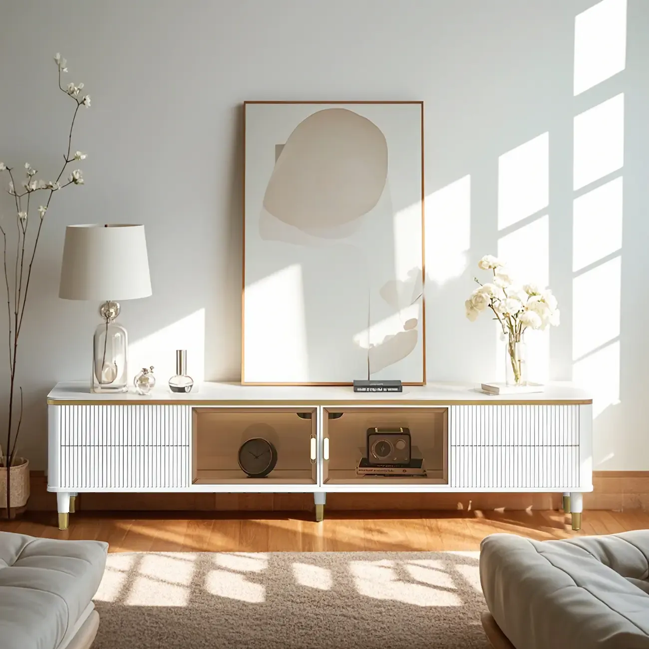 63 White Modern Stone Cable Management TV Stand with Storage