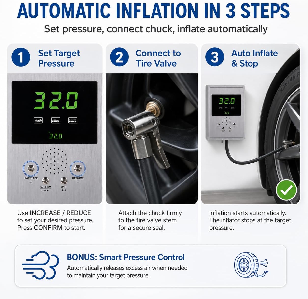 SEAPENG DP-Q01 Automatic Tire Inflator for cars, trucks, RVs and garages