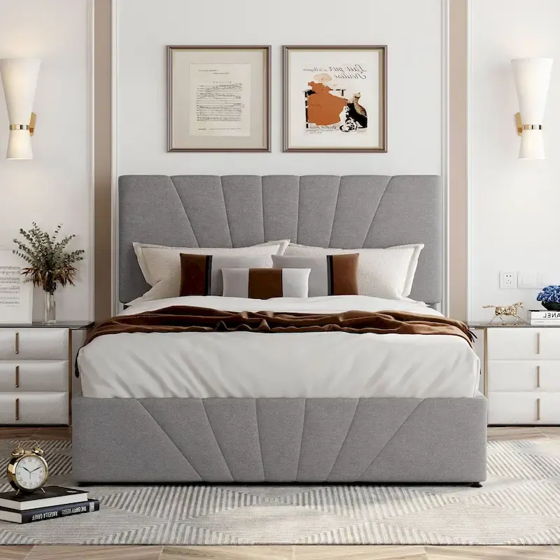 Upholstered Platform bed with a Hydraulic Storage System
