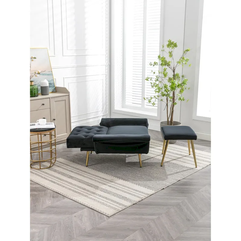 Velvet Accent Chair with Adjustable Armrests and Backrest, Button Tufted Lounge Chair, Single Recliner Armchair with Ottoman