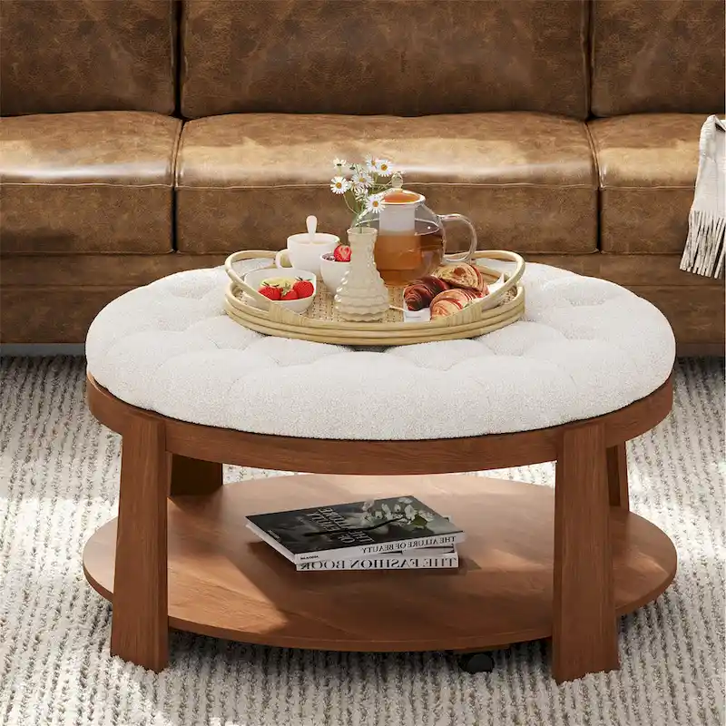 36 Round Button Tufted Upholstered Coffee Table with Wood Shelf and Wheel