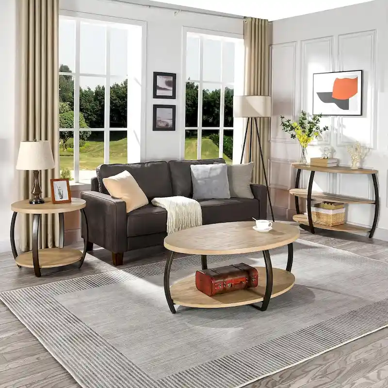 2-Tier Oval Table – Wood Grain / Black Metal, Industrial Style, Single