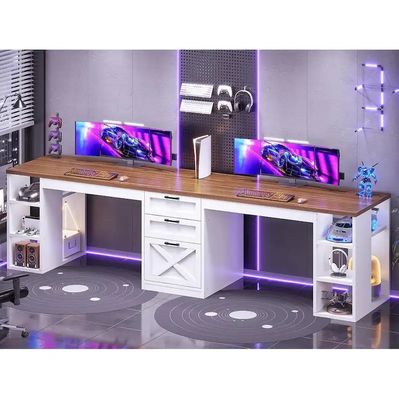 96.5 Computer Desk 3 Drawers Home Office Desk 8 Open Shelves