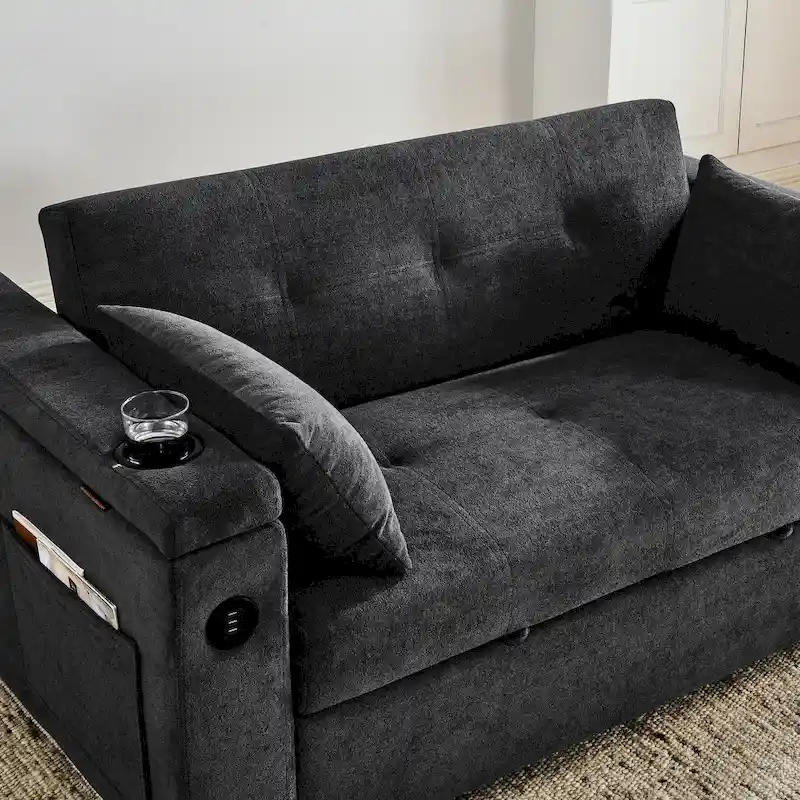 2-Seat Sleeper Sofa Bed with USB Power Outlet, Side Pockets and Lumbar Pillow