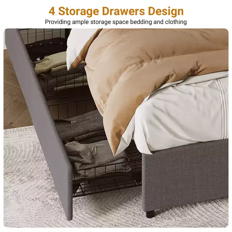 Bed Frame with 4 DrawersFabric Upholstered, Easy Assembly