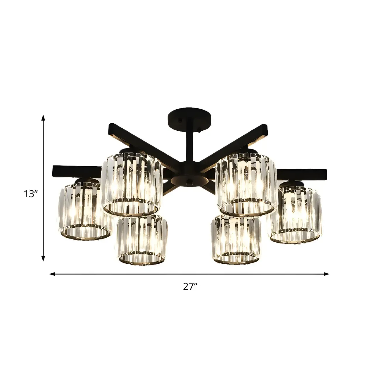 Modern Large Black Cylinder Crystal Semi Flush Ceiling Light