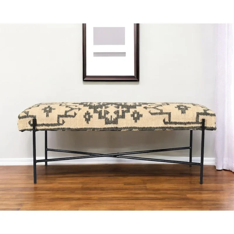 HomeRoots 48  Cream and Black Cotton Blend Upholstered Southwest Bench - 48' X '18' X '16