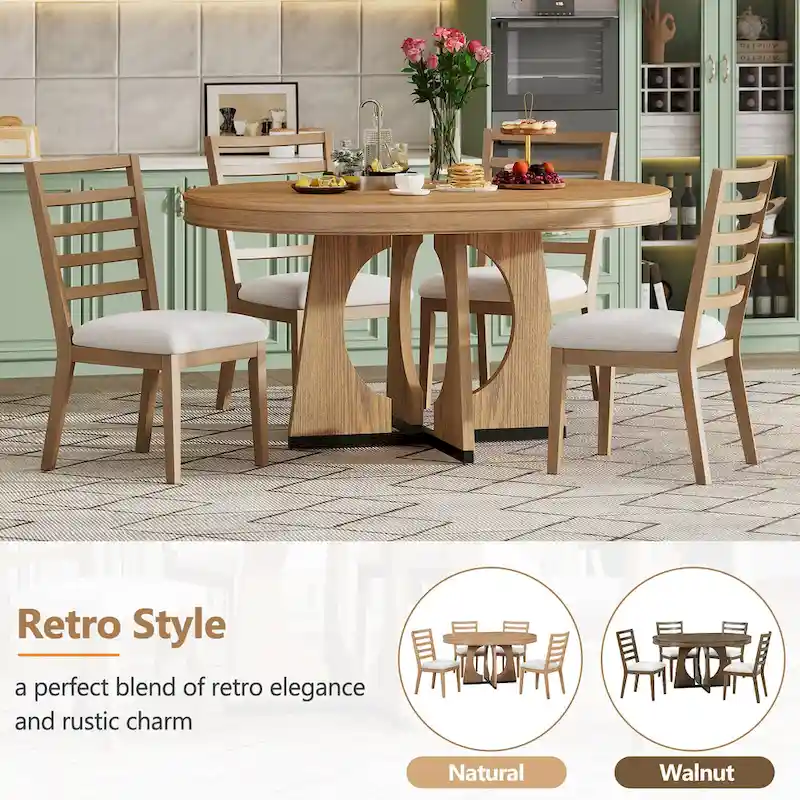 5-Piece Rustic Functional Dining Set, 1 Extendable Table with a 16-inch Leaf and 4 Upholstered Chairs