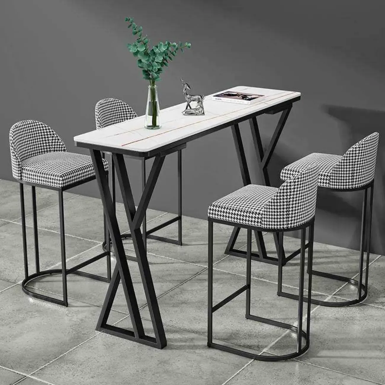 Rectangular Sleek Stone Top Metal Gray Double Pedestal Bar Table