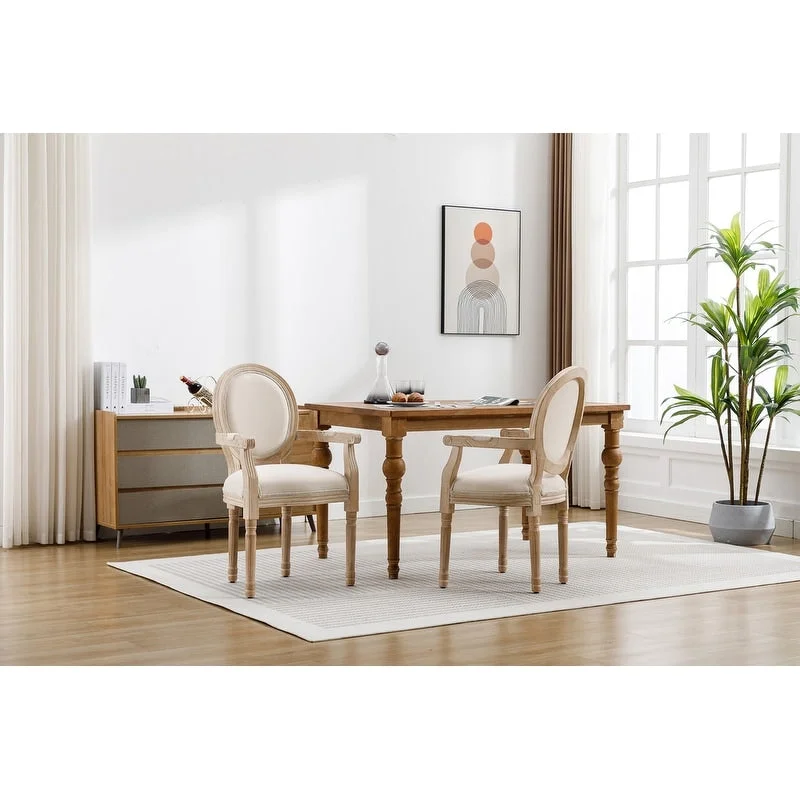 Grondin Mid-Century Modern Style French Country Dining Chair Set of 2, Kind Louis Back Linen Upholstered Accent Armchair