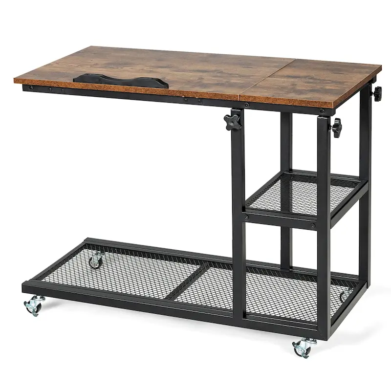 C Shaped End Table Height Adjustable Mobile Couch Desk with Wheels