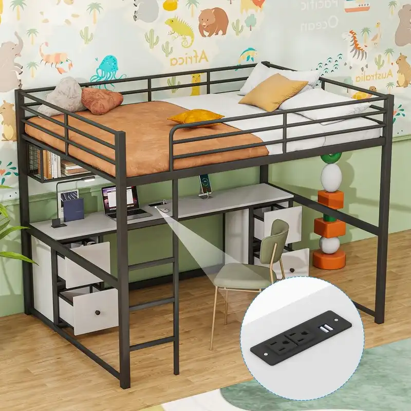 Metal Full Size Loft Bed with Desk, Drawers and Bedside Tray, Charging Station