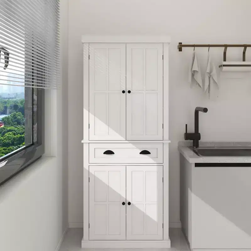 White Wood 29.92 in. Pantry Cabinet with Adjustable Shelves