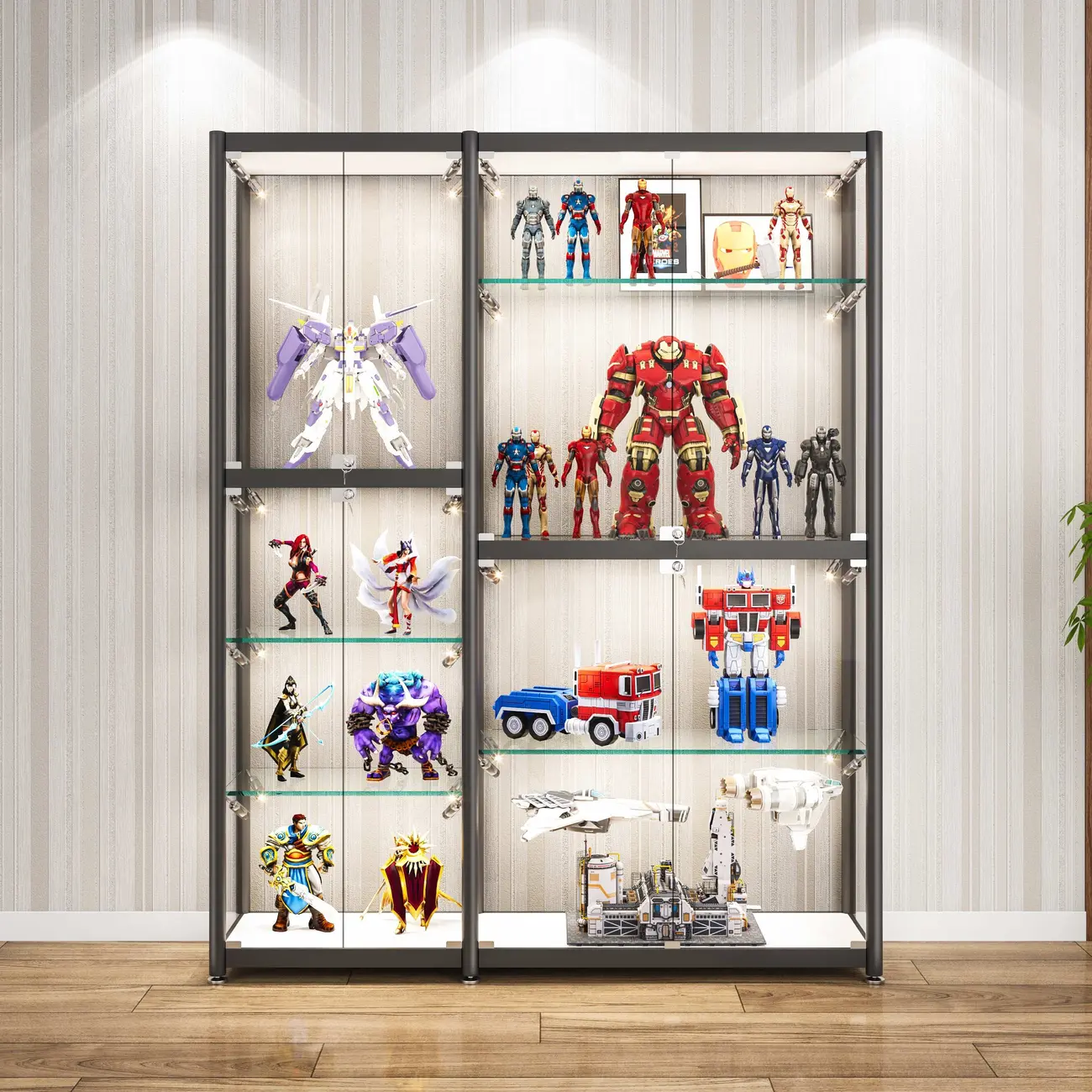 Modern Black Clear Glass LED Adjustable Display Cabinet