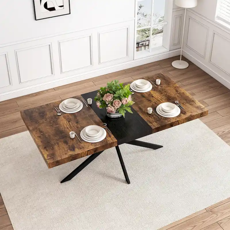 Retro Rectangular Stretch Dining Table with Cross Iron Base