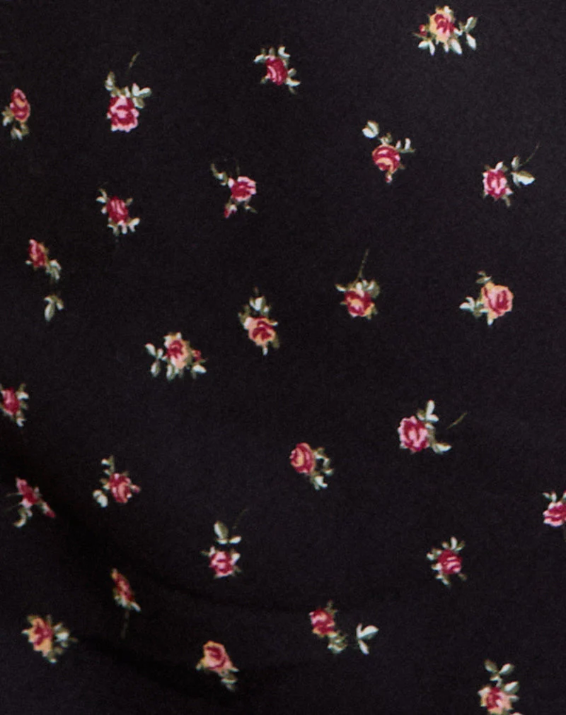 Posine Maxi Dress in Black with Red Rose Ditsy Print