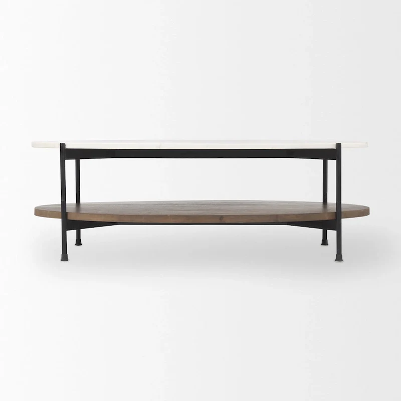 White Marble Top w/ Dark Brown Wood Shelf Oval Coffee Table