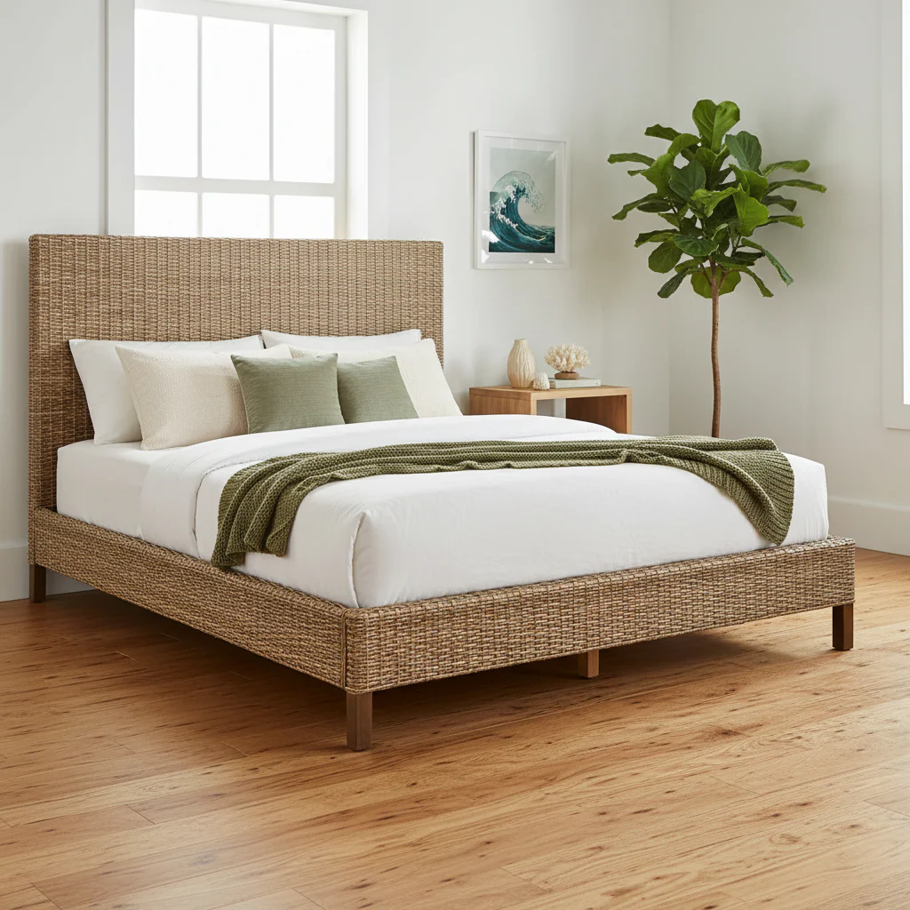 Gray Rattan-Woven Panel Platform Bed – King, 2-Person